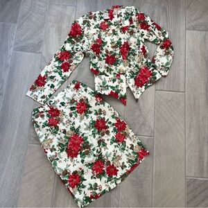 Vintage Christmas Poinsettia 2 piece Set Skirt Holiday Party Suit Size 10